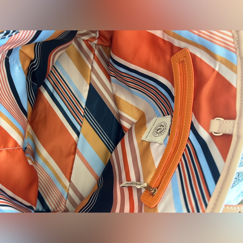 NWOT Spartina 449 Orange Navy Blue Tote Bag with Multi-color Silky Lining - Picture 9 of 15